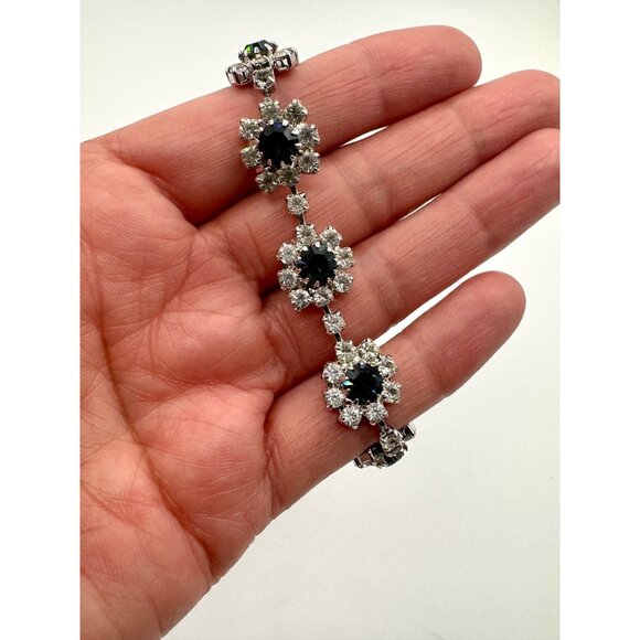 Vintage Rhinestones Flowers Tennis Style Silver Tone Bracelet - Picture 1 of 5